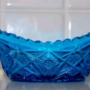 Vintage Blue Glass Bowl Sawtooth Edge Stars Hobstars Candy Bowl Pressed Glass